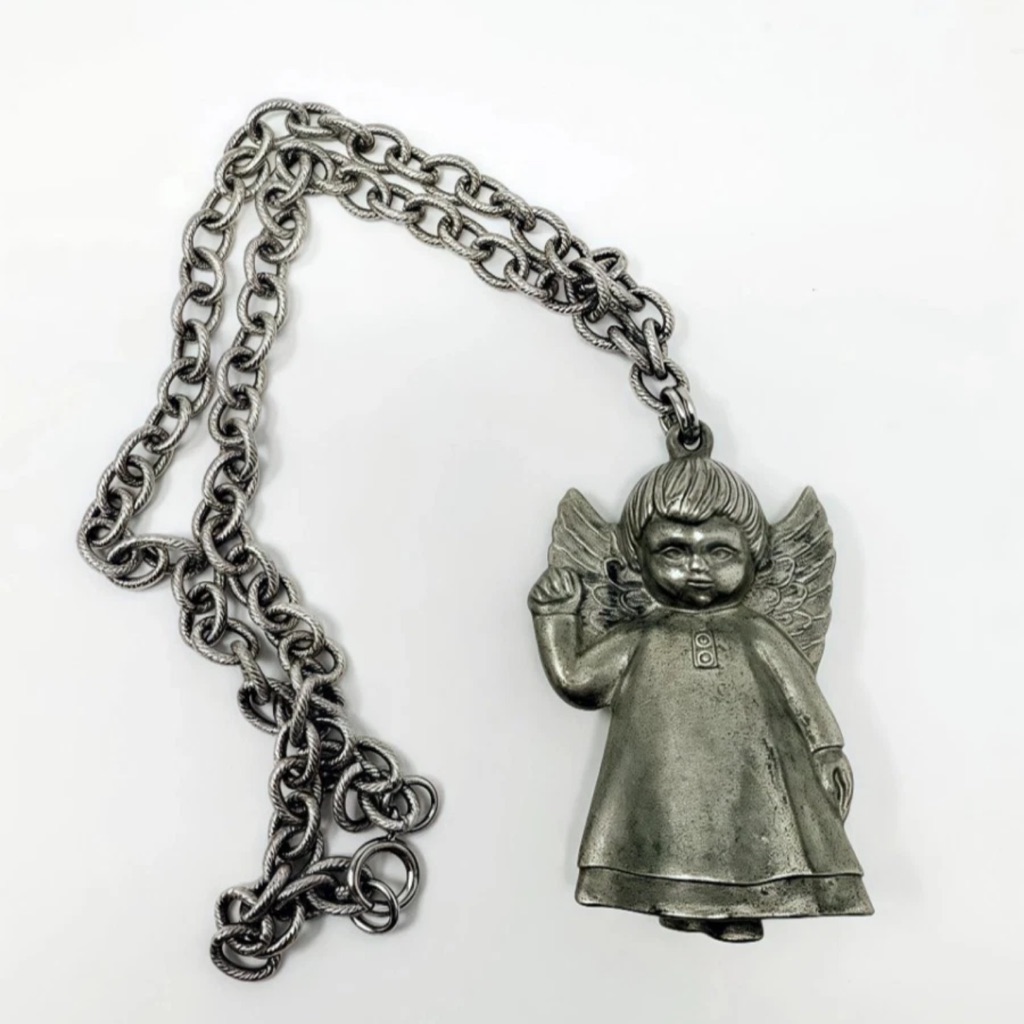 Eisenberg Puffy Angel Pendant Necklace 20 Silver Tone Statement Piece 144$